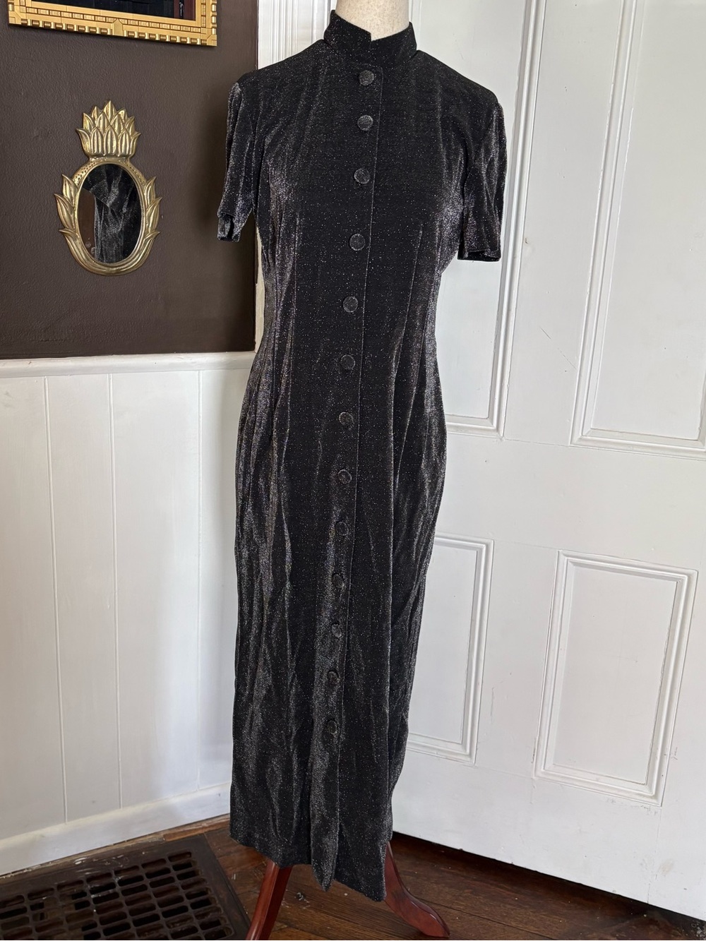 Vintage J. Stevens by Carol Escritor gray Metallic Lurex Maxi Dress Size Small